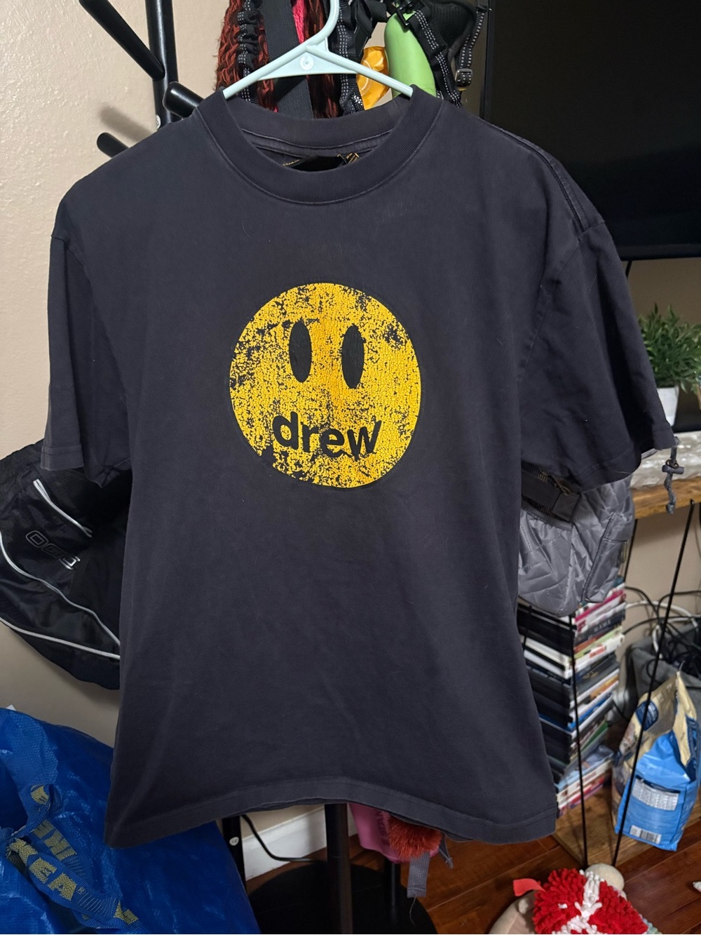 drew house Black Tee with Distressed Yellow Smiley